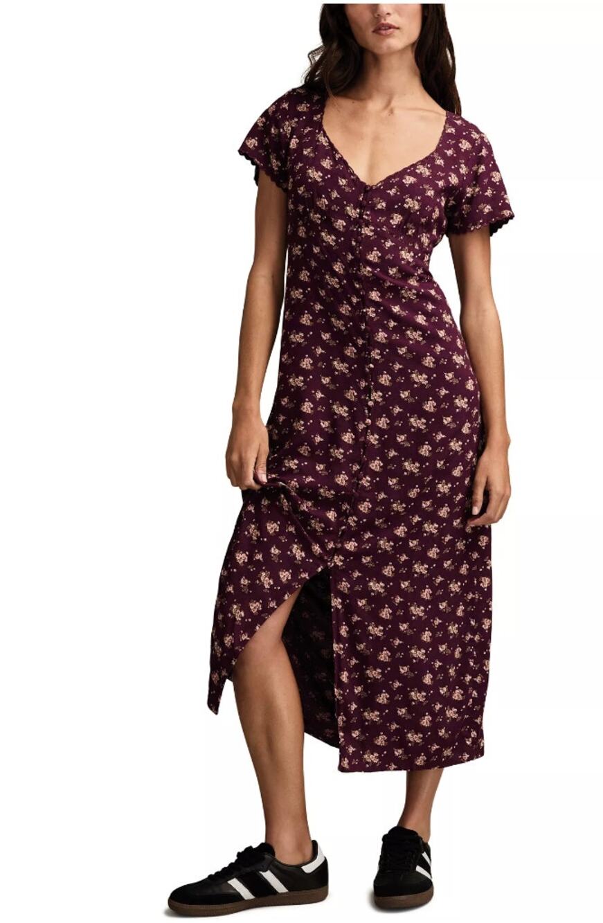 Lucky Brand Simone Floral Midi Dress Sweetheart Neck Women's M EUC